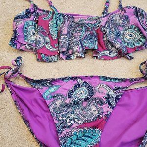 Old navy paisley pink purple bikini set ruffled bralet and strappy bottoms Large